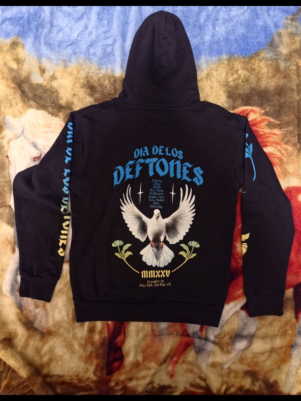 Dia De Los Deftones Black Band Hoodie with Dove Graphic Limited Stock - 2 Avail